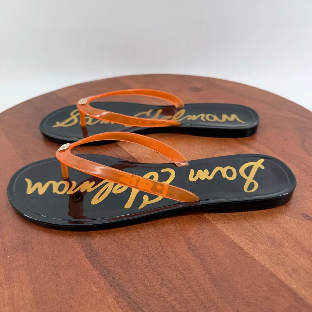Sam Edelman Dean Jelly Thong Sandals  Black Orange/Red Clear Flip Flops Womens 8